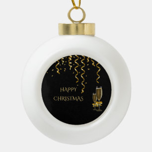 Gold Streamers & Champagne Christmas Ceramic Ball Christmas Ornament