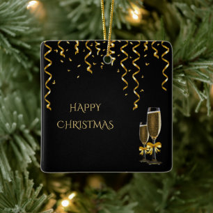 Gold Streamers & Champagne Christmas Ceramic Ornament