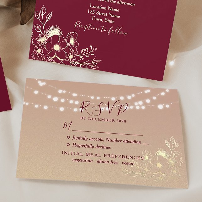 Gold String Lights Burgundy RSVP Card (Creator Uploaded)