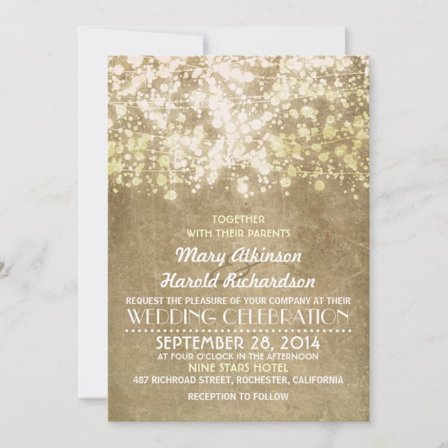 Gold String Lights Glam Elegant Vintage Wedding Invitation (Front)
