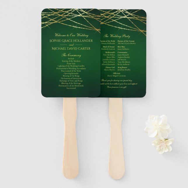 Gold String Lights on Emerald Green Hand Fan (Front and Back)