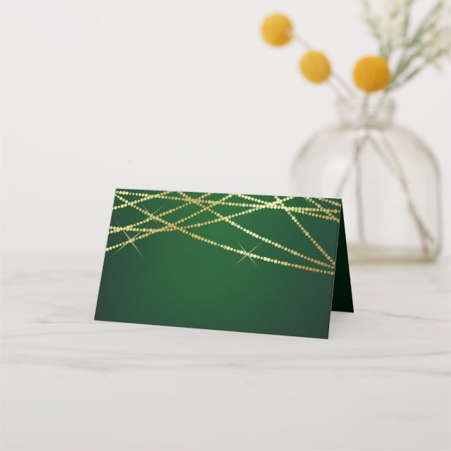 Gold String Lights on Emerald Green Place Card (Back)