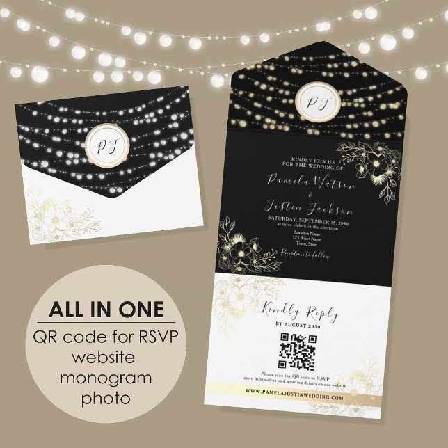 Gold String Lights Rustic Black Wedding All In One Invitation (Creator Uploaded)