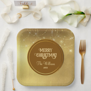Gold Strings Snowflakes Gold Metallic Paper Plate