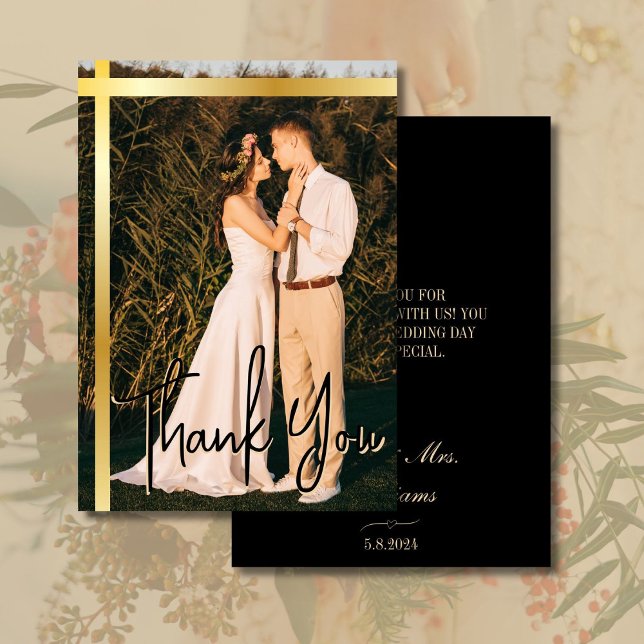 Gold Stripe Black Elegant Photo Wedding Thank You Card (Creator Uploaded)