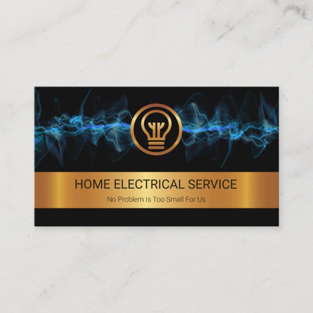 Gold Stripe Blue Electric Lightning Electrician Business Card (Front)