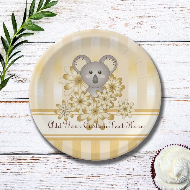 Gold Stripe Cute Koala Baby Shower / Kids Birthday Paper Plate (Creator Uploaded)