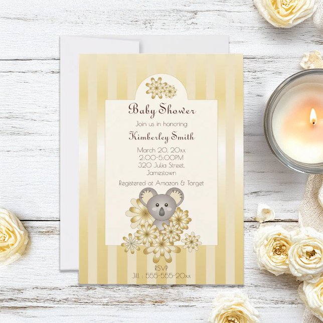 Gold Stripe Cute Koala Gender Neutral Baby Shower Invitation (Creator Uploaded)