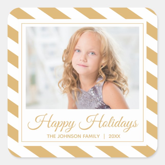 Gold Stripe Happy Holidays Photo Square Sticker (Front)