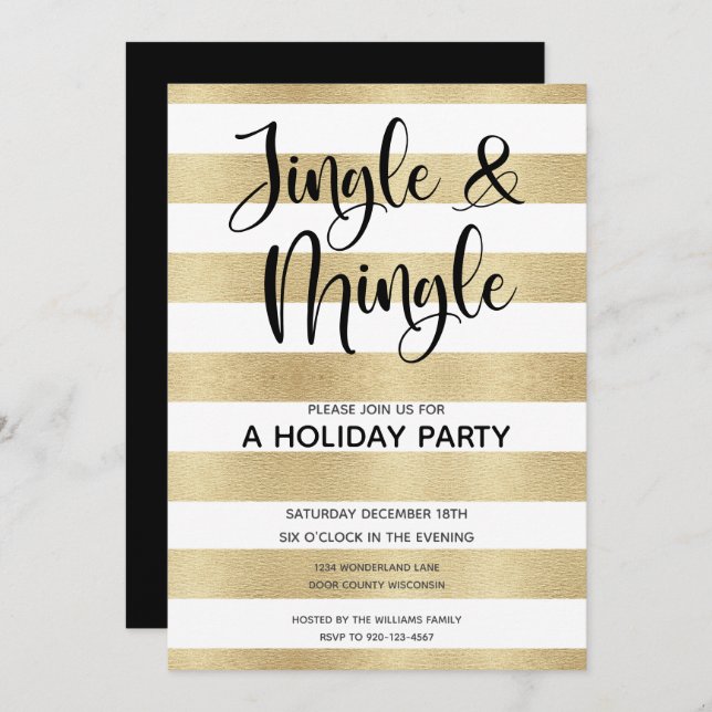 Gold Stripe Jingle and Mingle Holiday Party  Invitation (Front/Back)