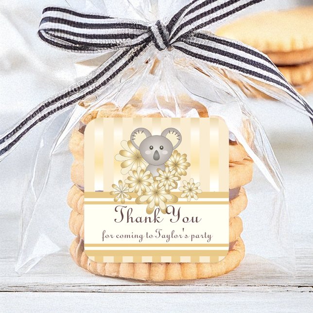 Gold Stripe Koala Baby Shower / Kids Birthday Square Sticker (Creator Uploaded)