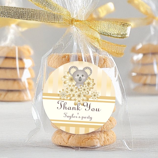 Gold Stripe Koala Kids Birthday / Baby Shower Classic Round Sticker (Creator Uploaded)