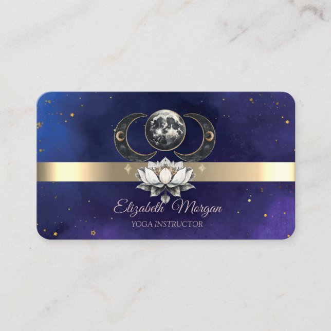 Gold Stripe Lotus Moon Blue Yoga Instructor  Business Card (Front)