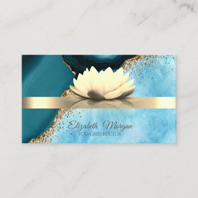 Gold Stripe Marble Lotus Flower Yoga  Business Card (Front)