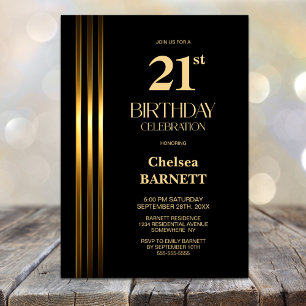 Gold Striped Black 21st Birthday Party Invitation