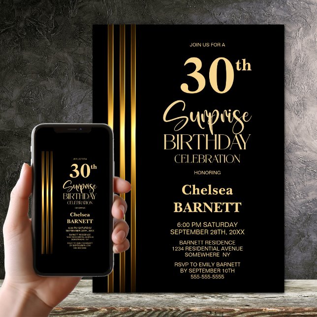 Gold Striped Black 30th Surprise Birthday Party Invitation (Creator Uploaded)