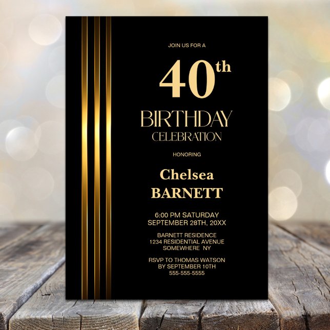 Gold Striped Black 40th Birthday Party Invitation (Creator Uploaded)