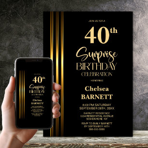 Gold Striped Black 40th Surprise Birthday Party Invitation
