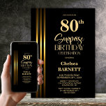 Gold Striped Black 80th Surprise Birthday Party Invitation<br><div class="desc">Make the surprise unforgettable with this stylish gold striped black surprise 80th birthday party invitation. The customizable text templates allow you to add the name of the honored guest, the secret party details, and the venue with ease. Your guest of honor will be in for a night of laughter and...</div>