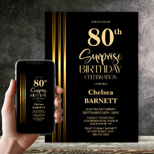Gold Striped Black 80th Surprise Birthday Party Invitation