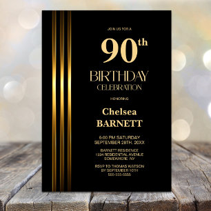 Gold Striped Black 90th Birthday Party Invitation