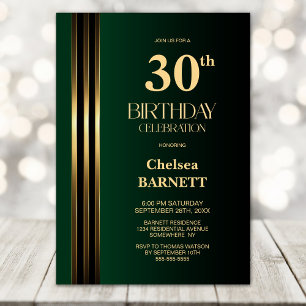 Gold Striped Black Green 30th Birthday Party Invitation