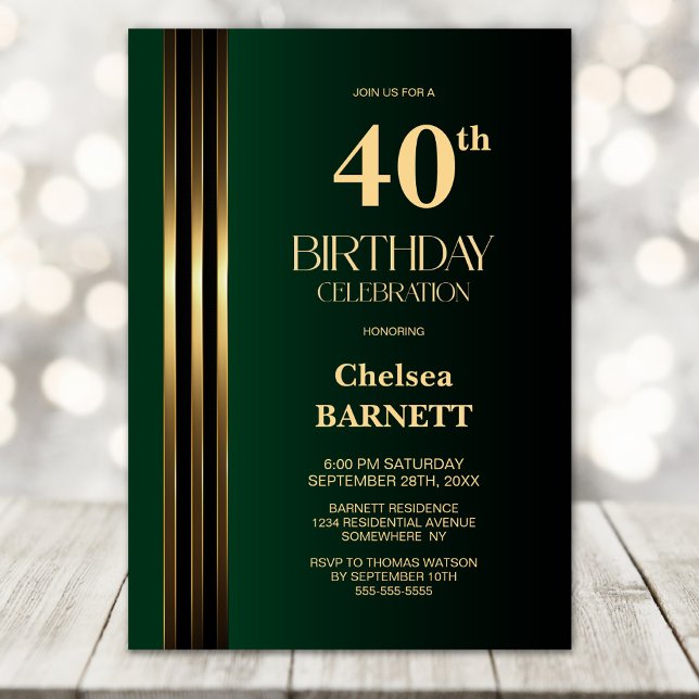 Gold Striped Black Green 40th Birthday Party Invitation (Creator Uploaded)