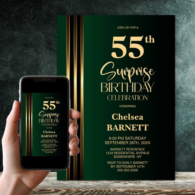 Gold Striped Black Green 55th Surprise Birthday Invitation (Creator Uploaded)
