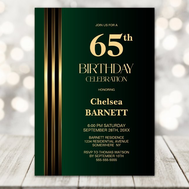 Gold Striped Black Green 65th Birthday Party Invitation (Creator Uploaded)