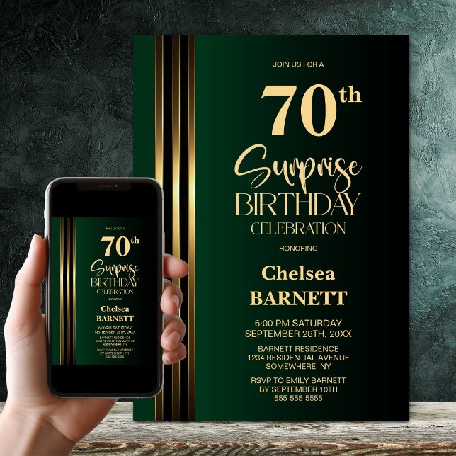 Gold Striped Black Green 70th Surprise Birthday Invitation (Creator Uploaded)