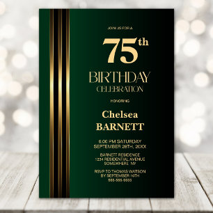 Gold Striped Black Green 75th Birthday Party Invitation