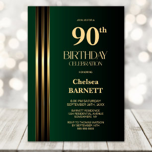 Gold Striped Black Green 90th Birthday Party Invitation