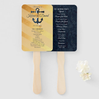 Gold striped foil anchor wedding program hand fans
