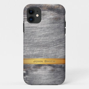 Gold Striped Grunge Steel Metal Custom Name iPhone 11 Case