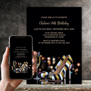 Gold Striped High Heel Shoes Birthday Party Invitation