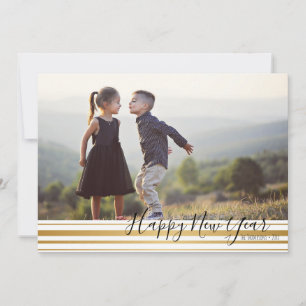 Gold Striped Pattern Happy New Year Photo Card