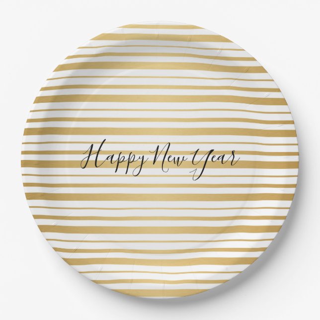 Gold Striped Pattern New Year's Paper Plates (Front)