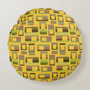 Gold Striped Rectangles Round Cushion