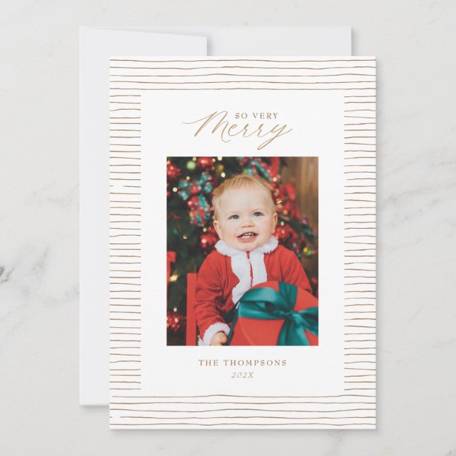 Gold Striped So Very Merry Photo Christmas Card (Front)