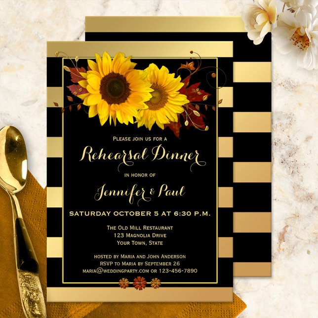 Gold Striped Sunflower Rehearsal Dinner Invitation (Rehearsal Dinner invitation featuring sunflowers, floral swirls and autumn leaves on black and gold)