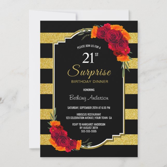 Gold Striped Surprise 21st Birthday Dinner Invitation (Front)