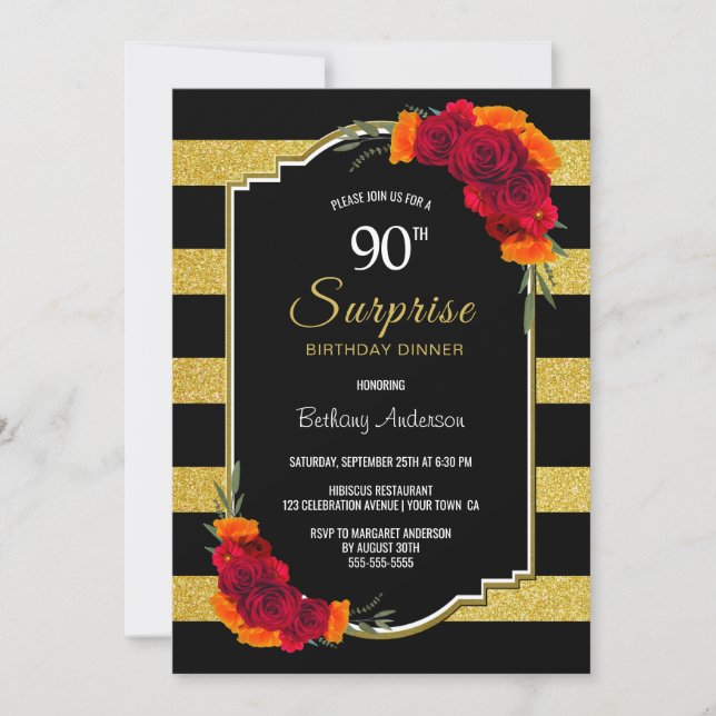 Gold Striped Surprise 90th Birthday Dinner Party Invitation (Front)