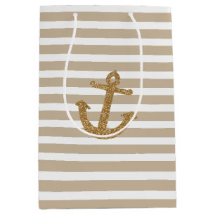 Gold Stripes Faux Glitter Anchor Medium Gift Bag
