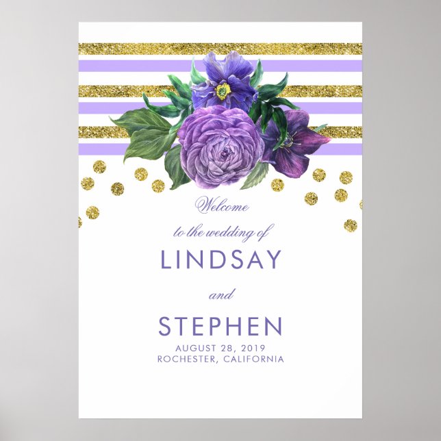 Gold Stripes Floral Lilac Purple Wedding Welcome Poster (Front)