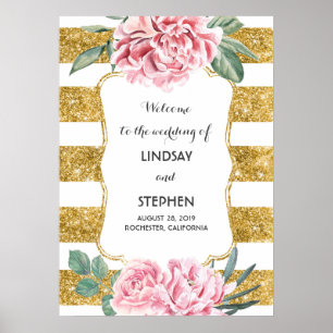 Gold Stripes Floral Pink White Wedding Welcome Poster