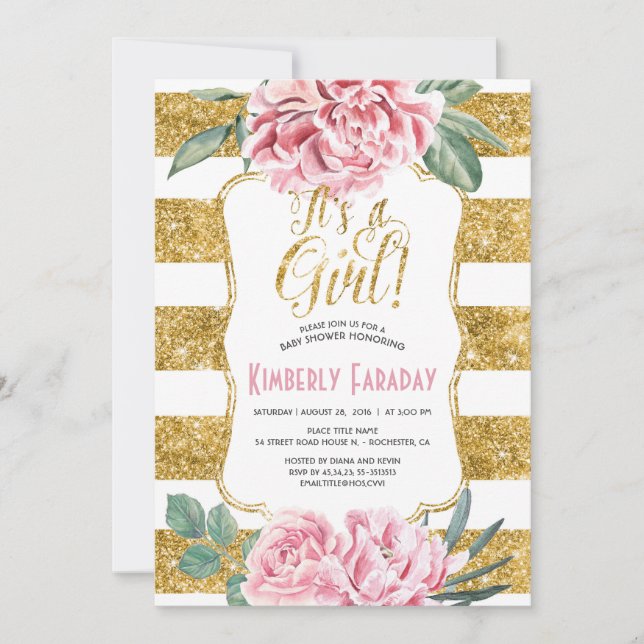 Gold Stripes Floral Vintage Baby Shower Invitation (Front)