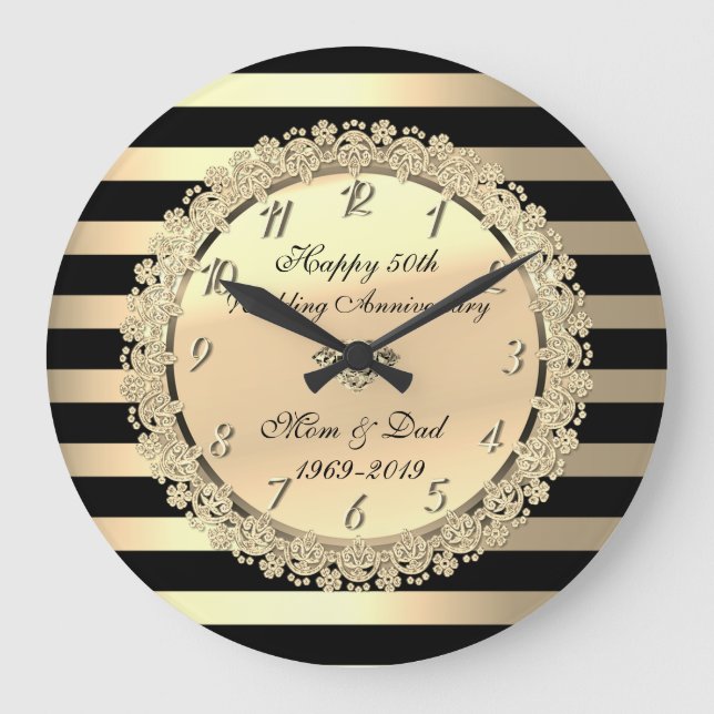 Gold Stripes,Flowers 50th Wedding Anniversary Large Clock (Front)