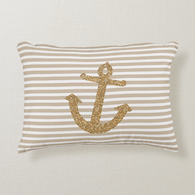 Gold Stripes Nautical Anchor Decorative Cushion (Front)
