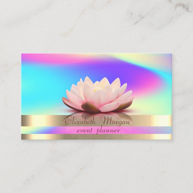 Gold Stripes Ombre Holographic Iridescent Lotus Business Card (Front)