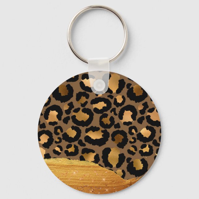 Gold Stripes on Metal Glamour Cheetah Skin Key Ring (Front)
